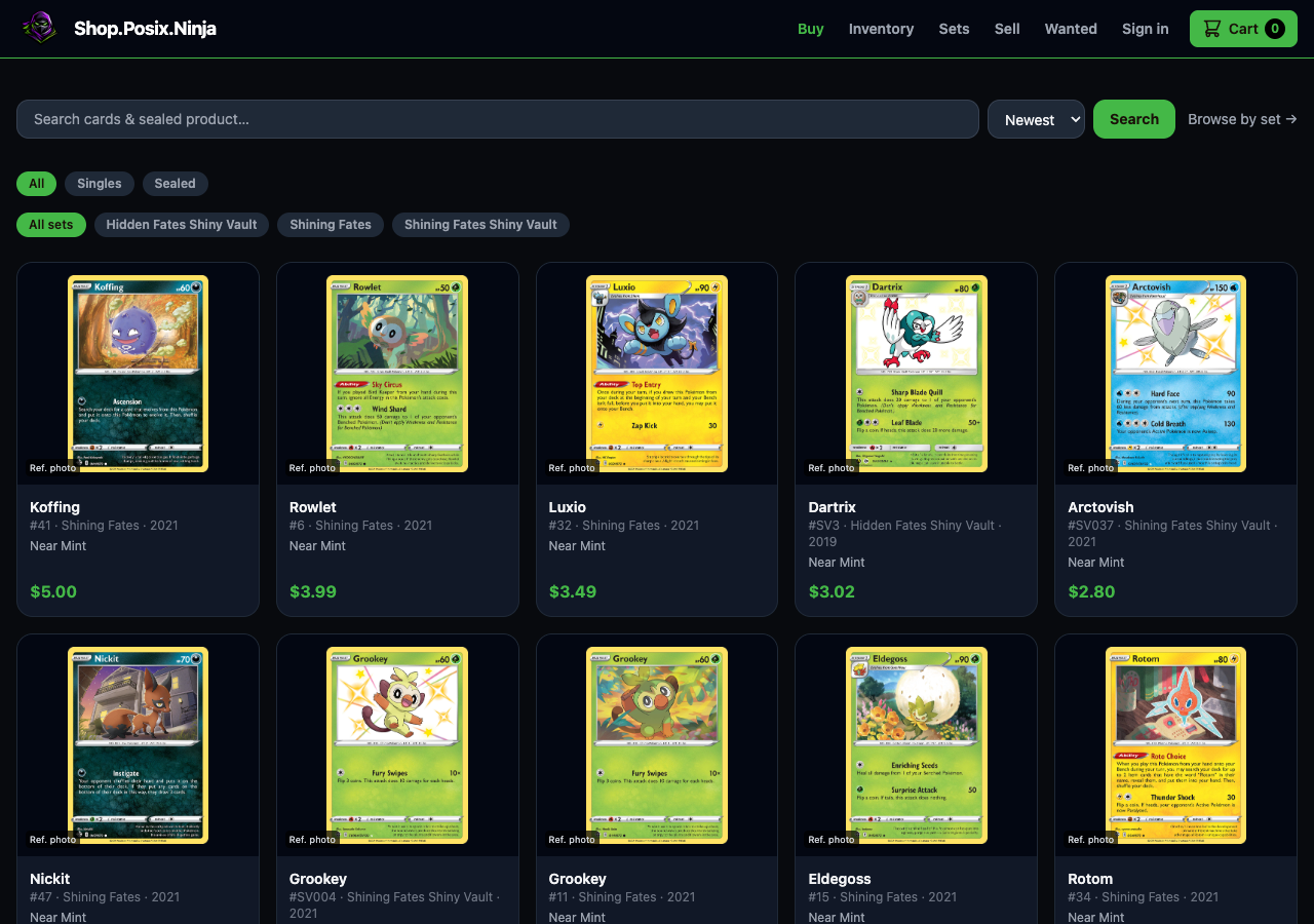 Shop.Posix.Ninja browse page showing searchable card listings